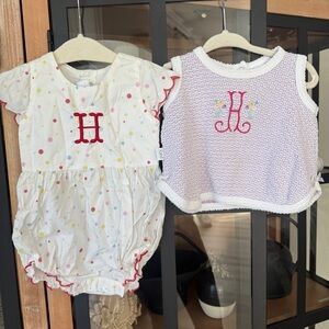 H monogram bundle Bella Bliss bubble embroidered polka dots scalloped romper top
